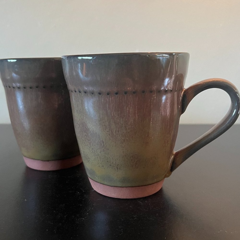 Sango Cyprus Sienna Mugs 4675 Stoneware Coffee Cups Green Copper Set of 2 Autumn